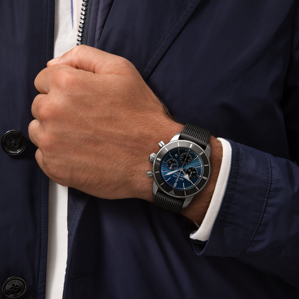 pulso homem relógio superocean heritage pulseira preta e mostrador azul