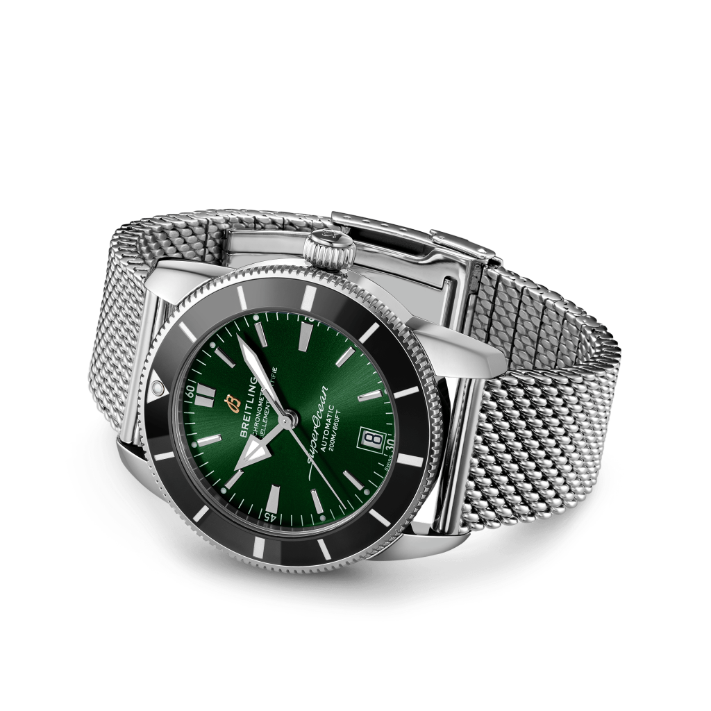 Relógio Superocean Heritage B20 Automatic prateado com mostrador verde deitado de lado