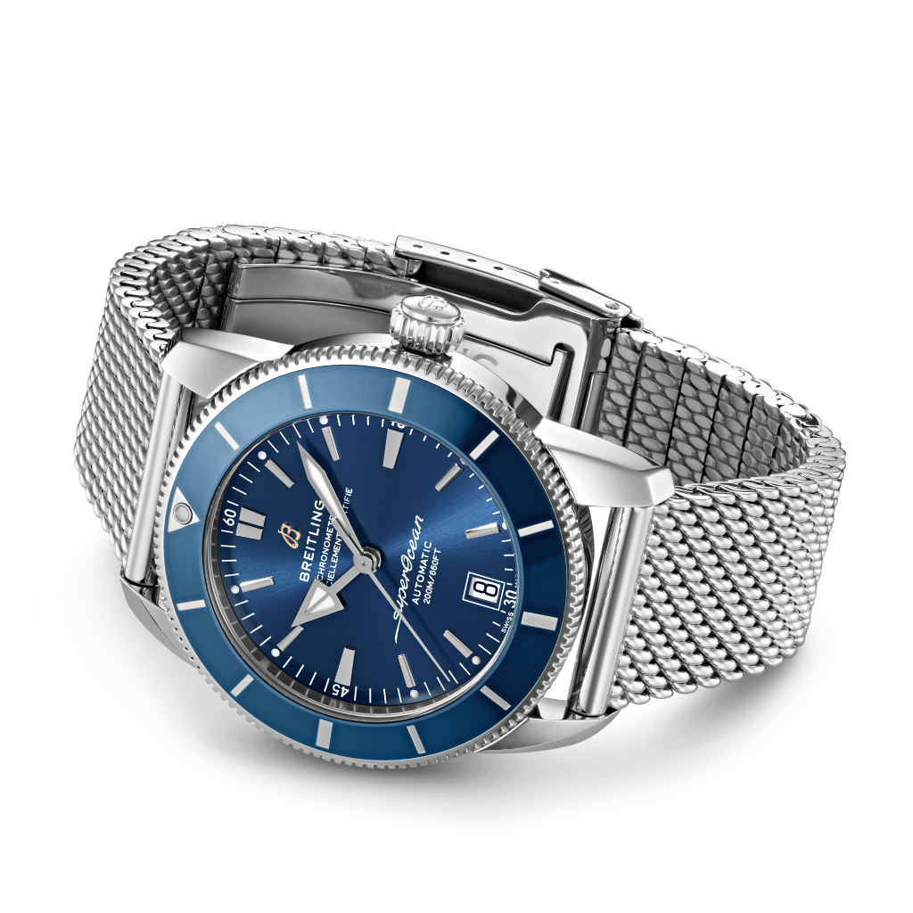 Relógio Superocean Heritage B20 Automatic prateado com mostrador azul deitado de lado