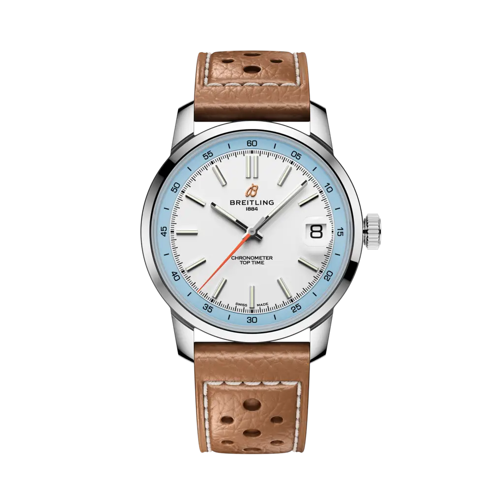 Relógio Breitling Top Time B31 38mm de caixa prateada, pulseira de pele castanha clara com mostrador branco com rebordo azul