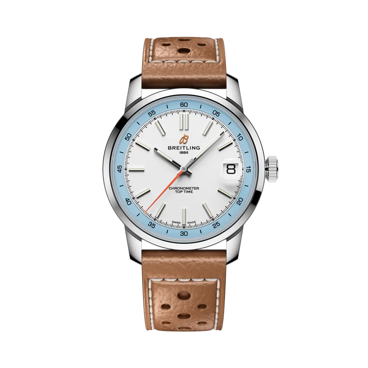 Relógio Breitling Top Time B31 38mm de caixa prateada, pulseira de pele castanha clara com mostrador branco com rebordo azul