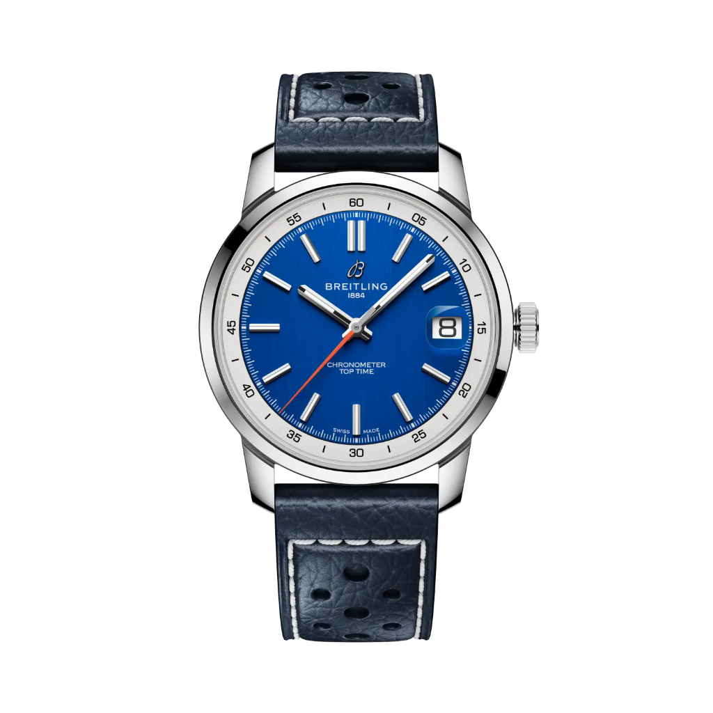 Relógio Breitling Top Time B31 38mm de caixa prateada, pulseira de pele azul escura com mostrador azul com rebordo branco