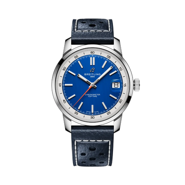 Relógio Breitling Top Time B31 38mm de caixa prateada, pulseira de pele azul escura com mostrador azul com rebordo branco