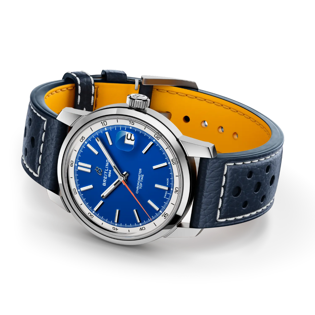 Relógio Breitling Top Time B31 38mm de caixa prateada, pulseira de pele azul escura com mostrador azul com rebordo branco deitado de lado