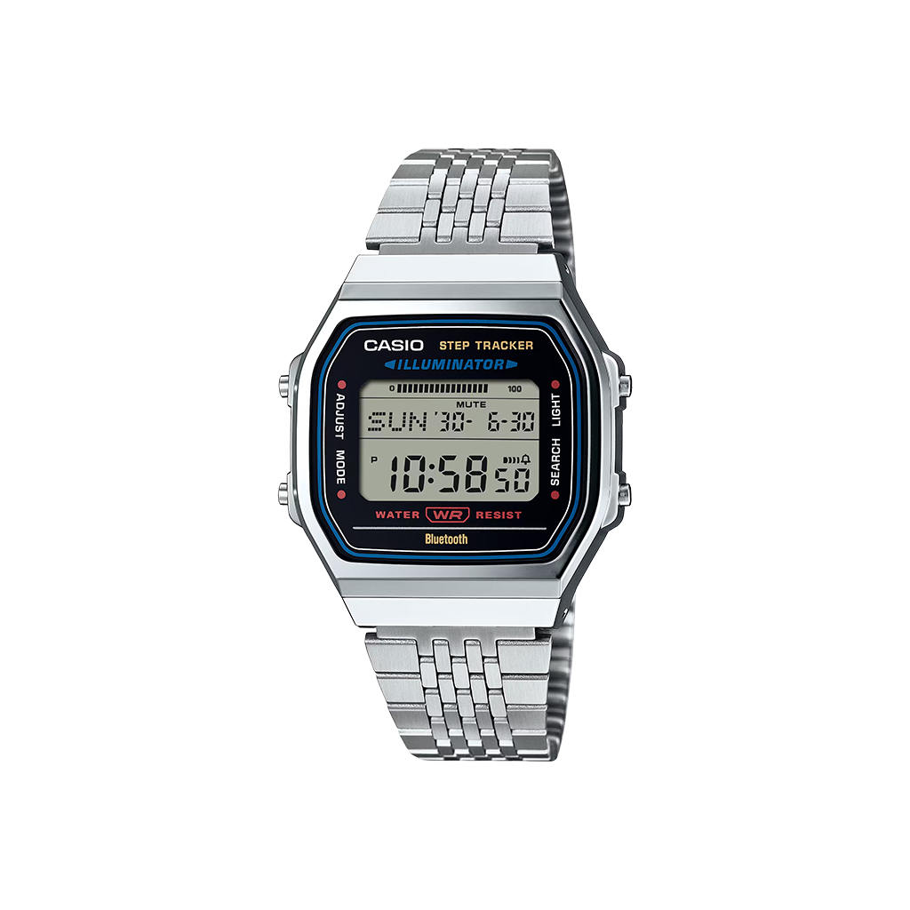 Relógio Casio Vintage Connect  prateado com rebordo preto no mostrador e conectividade ao smartphone
