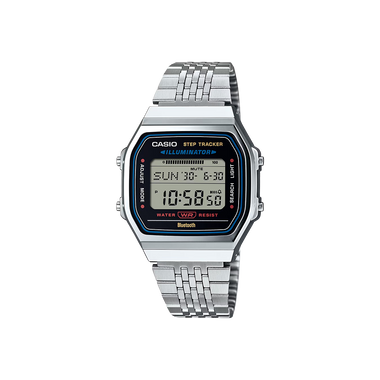 Relógio Casio Vintage Connect  prateado com rebordo preto no mostrador e conectividade ao smartphone