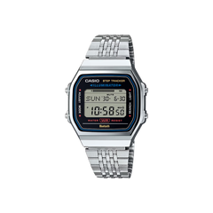 Relógio Casio Vintage Connect  prateado com rebordo preto no mostrador e conectividade ao smartphone