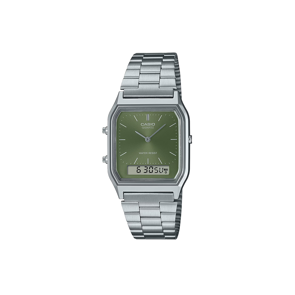 Relógio Casio Vintage Edgy prateado de mostrador analógico e digital verde
