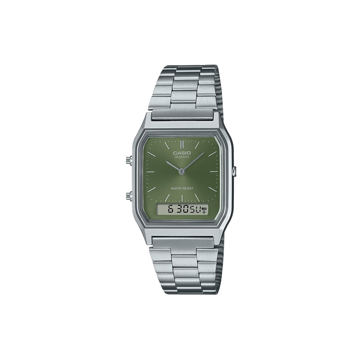 Relógio Casio Vintage Edgy prateado de mostrador analógico e digital verde