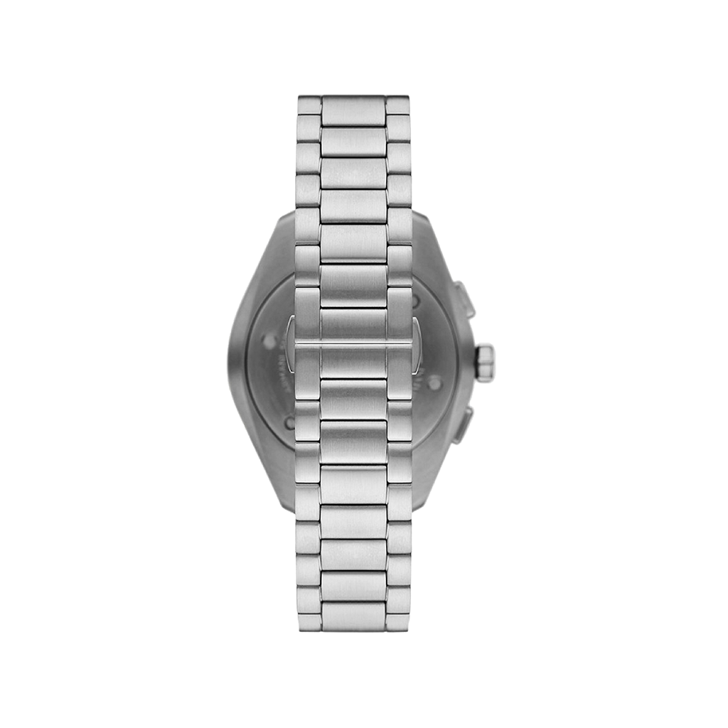 Relógio Emporio Armani de aço inoxidável com pulseira de elos e caixa redonda, visto de costas. A imagem destaca o trabalho artesanal do metal e o mecanismo do fecho.