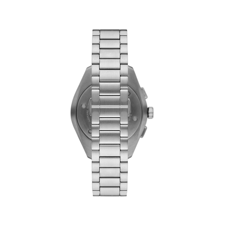 Relógio Emporio Armani de aço inoxidável com pulseira de elos e caixa redonda, visto de costas. A imagem destaca o trabalho artesanal do metal e o mecanismo do fecho.