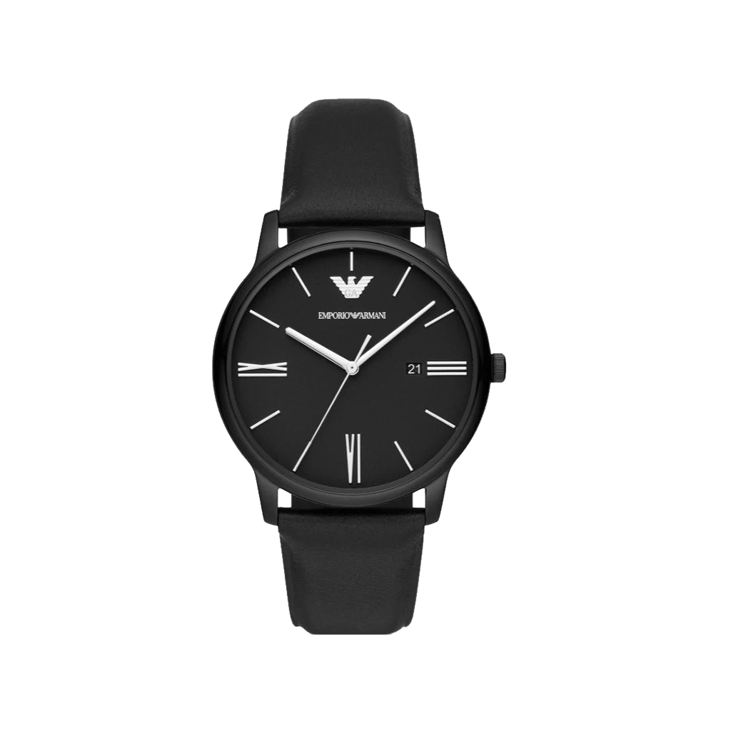 Relógio Armani Minimalist Three-Hand de 42mm totalmente preto com ponteiros e indicares de tempo a branco