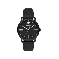 Relógio Armani Minimalist Three-Hand de 42mm totalmente preto com ponteiros e indicares de tempo a branco