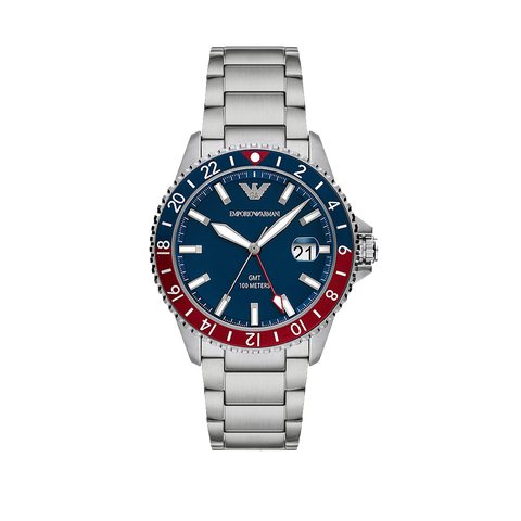 Relógio Armani Diver Steel prateado com mostrador azul e coroa dos segundos e horas metade azul, metade vermelho