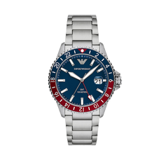 Relógio Armani Diver Steel prateado com mostrador azul e coroa dos segundos e horas metade azul, metade vermelho