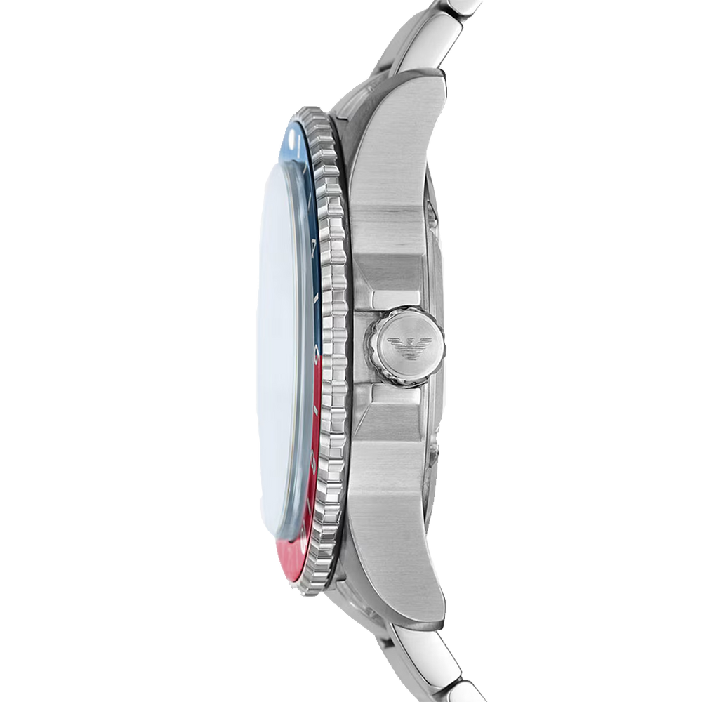 Relógio Armani Diver Steel prateado com mostrador azul e coroa dos segundos e horas metade azul, metade vermelho visto de lado