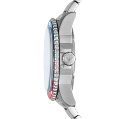 Relógio Armani Diver Steel prateado com mostrador azul e coroa dos segundos e horas metade azul, metade vermelho visto de lado