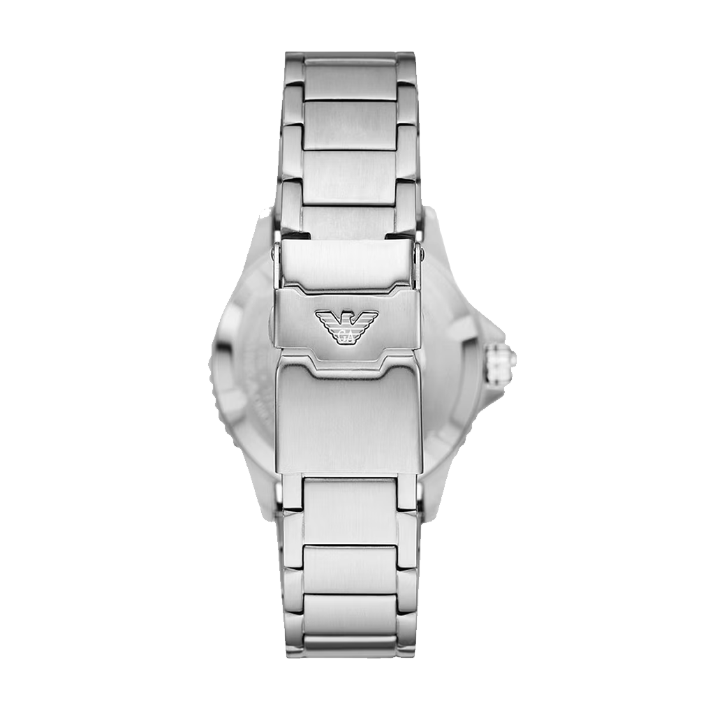 Fecho da pulseira do Relógio Armani Diver Steel prateado com mostrador azul e coroa dos segundos e horas metade azul, metade vermelho