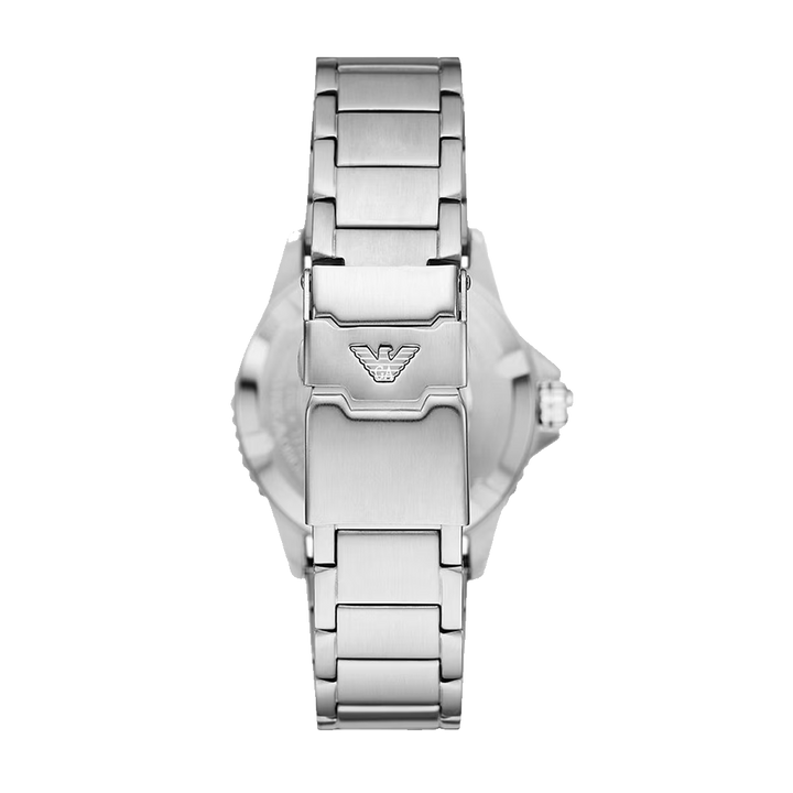 Fecho da pulseira do Relógio Armani Diver Steel prateado com mostrador azul e coroa dos segundos e horas metade azul, metade vermelho