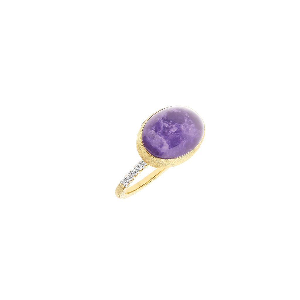 Anel NANIS Boules dourado com duas linhas de diamantes e bola oval de lepidolite