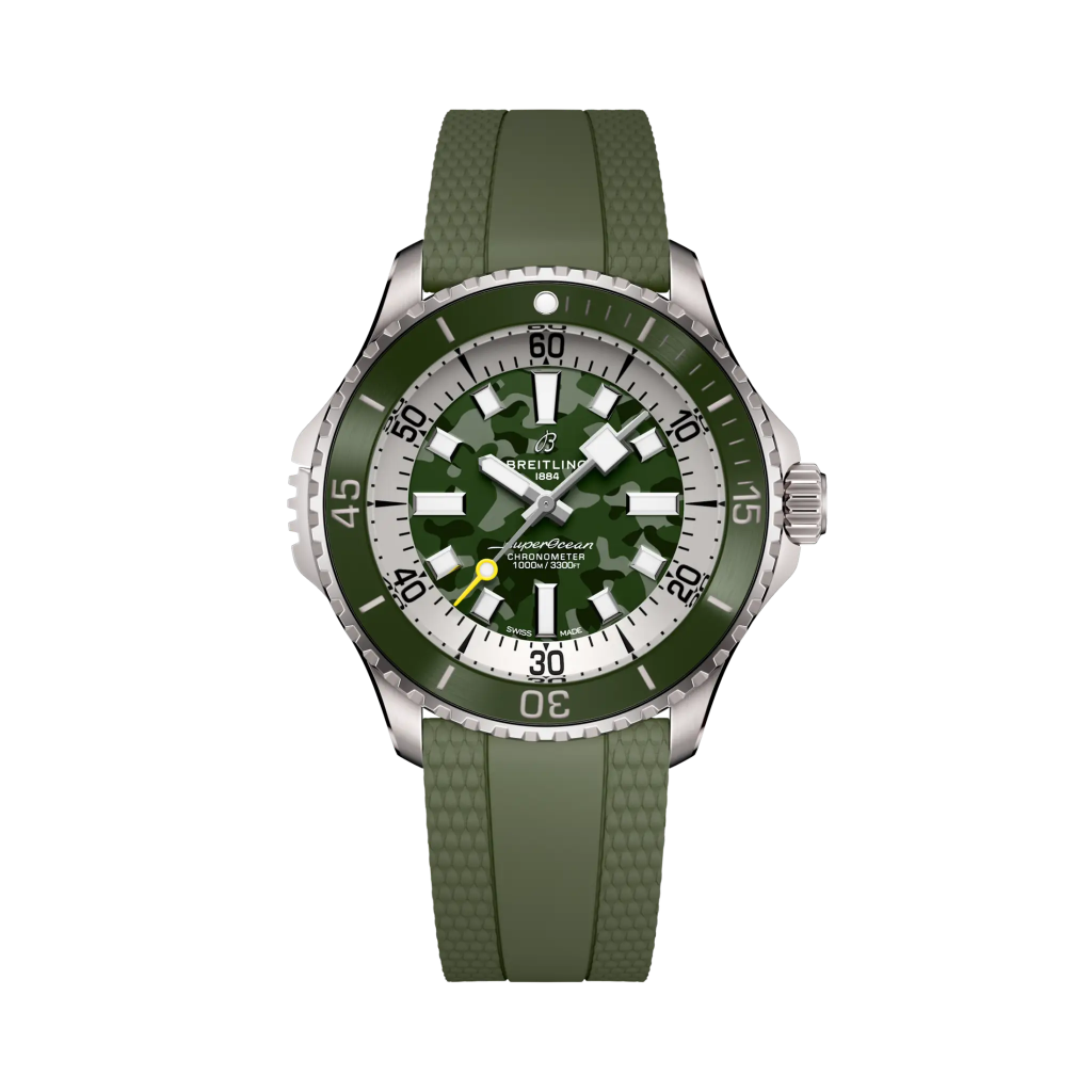Relógio Breitling Superocean Automatic Super Diver 46mm com pulseira silicone e mostrador verdes de caixa prateada