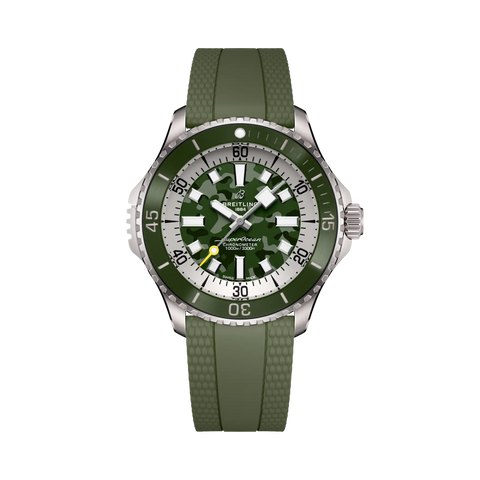 Relógio Breitling Superocean Automatic Super Diver 46mm com pulseira silicone e mostrador verdes de caixa prateada