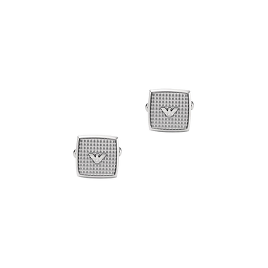 A imagem exibe um par de botões de punho. Estes botões de punho são retangulares com bordas arredondadas e apresentam um design padronizado com logo Emporio Armani no centro