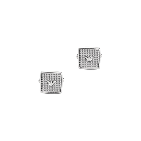 A imagem exibe um par de botões de punho. Estes botões de punho são retangulares com bordas arredondadas e apresentam um design padronizado com logo Emporio Armani no centro