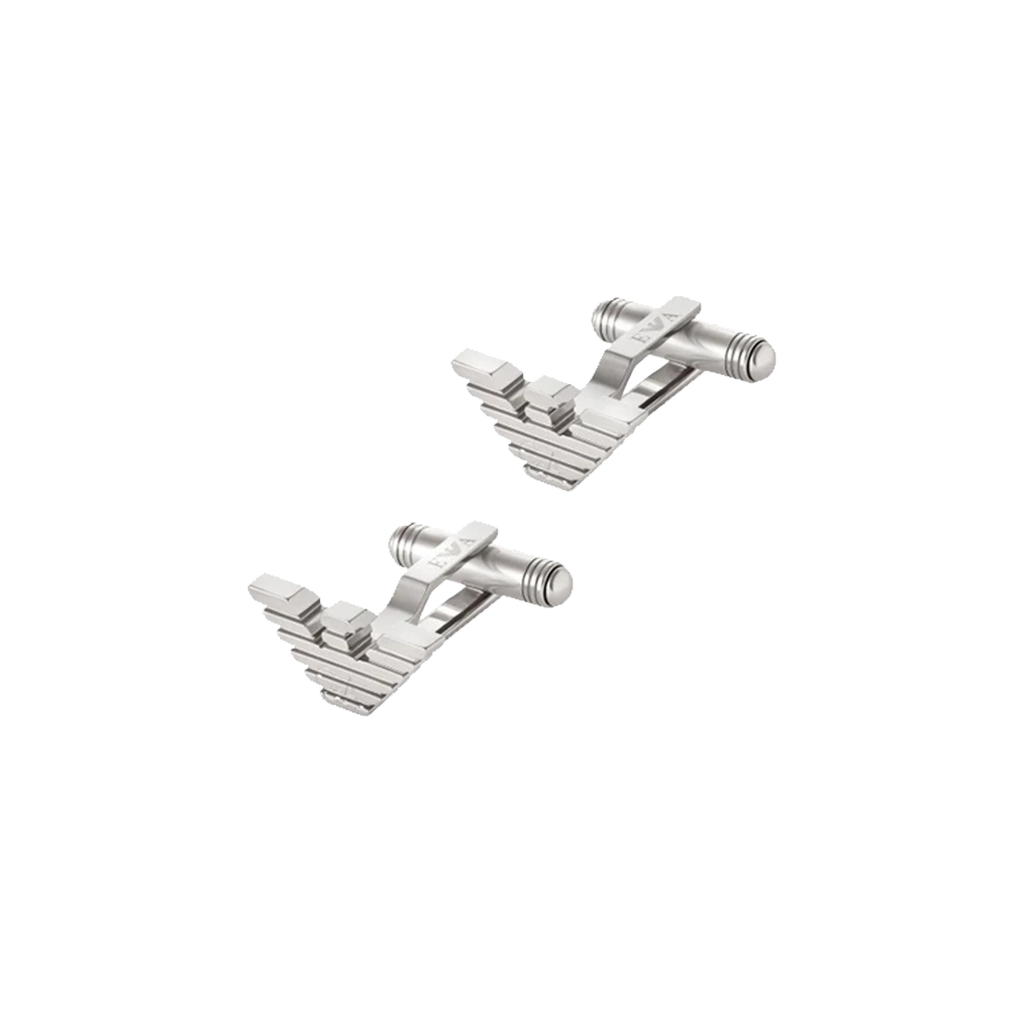 Botões de Punho Armani Essentials prateados com símbolo da águia e detalhe de linhas cravadas ao longo da águia e fecho tradicional