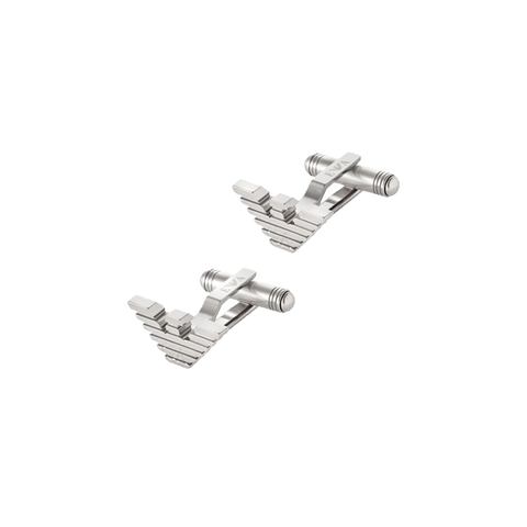 Botões de Punho Armani Essentials prateados com símbolo da águia e detalhe de linhas cravadas ao longo da águia e fecho tradicional