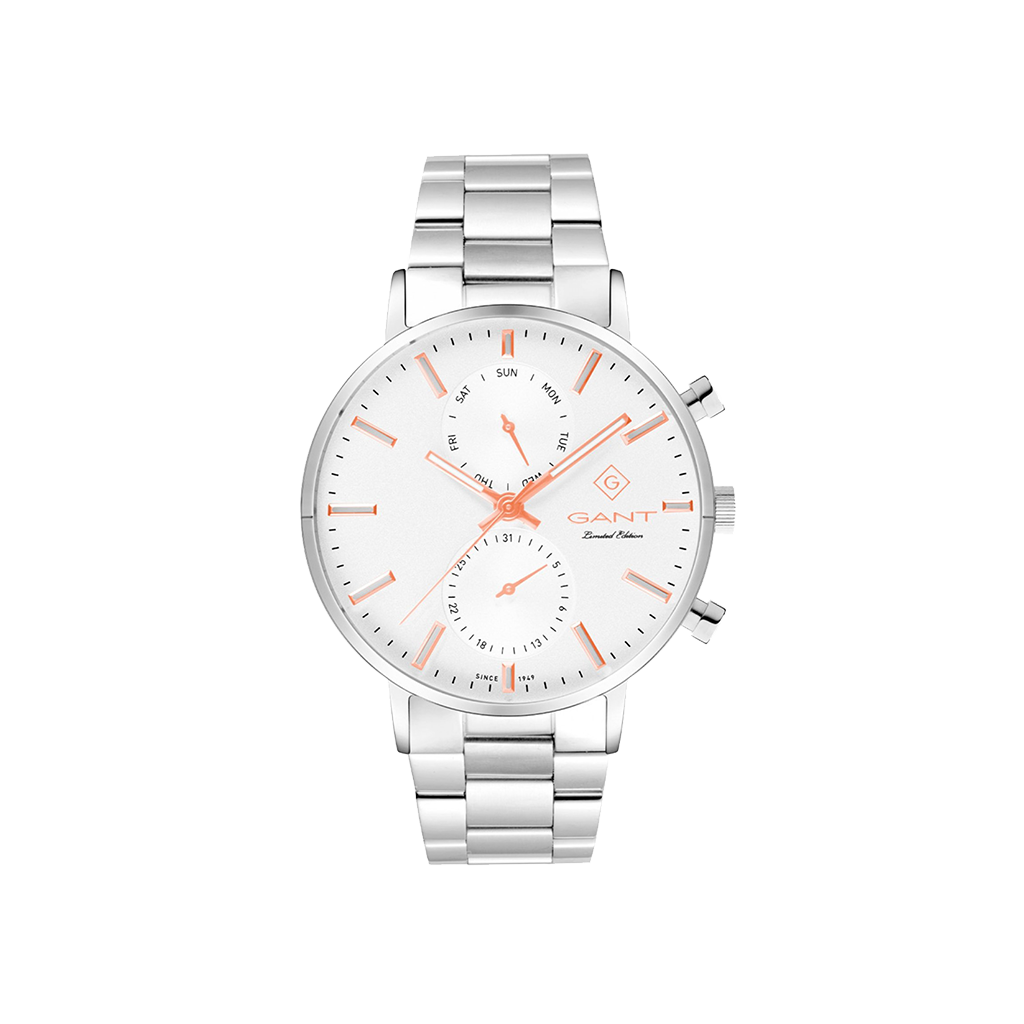 Relógio Gant Park Hill 44mm Edição Limitada de pulseira prateada, mostrador branco com indicação de dia e semana