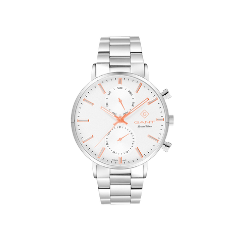 Relógio Gant Park Hill 44mm Edição Limitada de pulseira prateada, mostrador branco com indicação de dia e semana