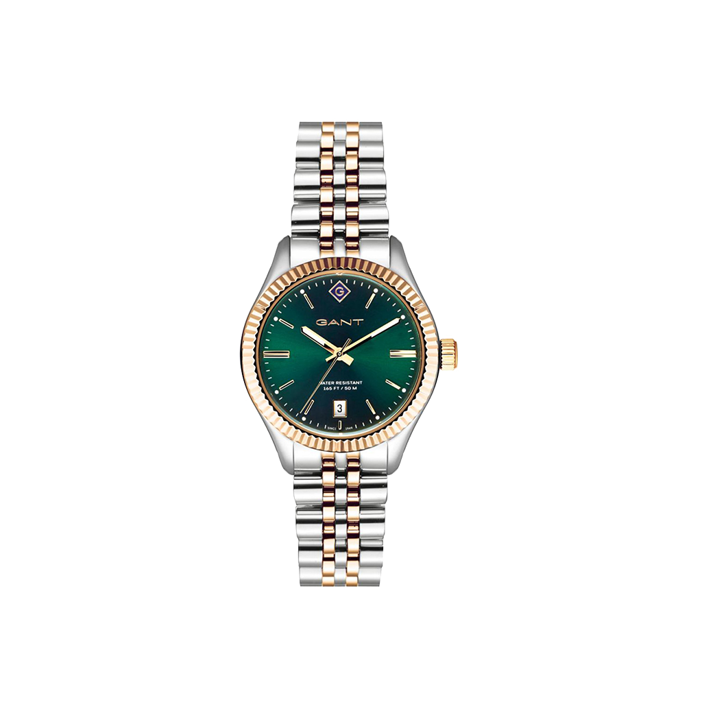 O relógio de pulso Sussex Mini é feito em aço inoxidável, com mostrador verde, com pormenores banhados a ouro e conta com três ponteiros e função de data