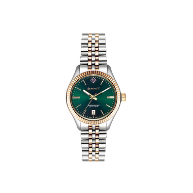 O relógio de pulso Sussex Mini é feito em aço inoxidável, com mostrador verde, com pormenores banhados a ouro e conta com três ponteiros e função de data