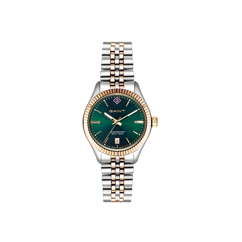 O relógio de pulso Sussex Mini é feito em aço inoxidável, com mostrador verde, com pormenores banhados a ouro e conta com três ponteiros e função de data