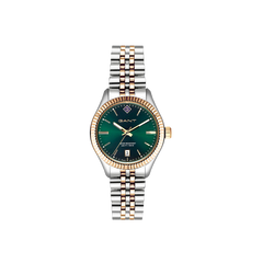 O relógio de pulso Sussex Mini é feito em aço inoxidável, com mostrador verde, com pormenores banhados a ouro e conta com três ponteiros e função de data