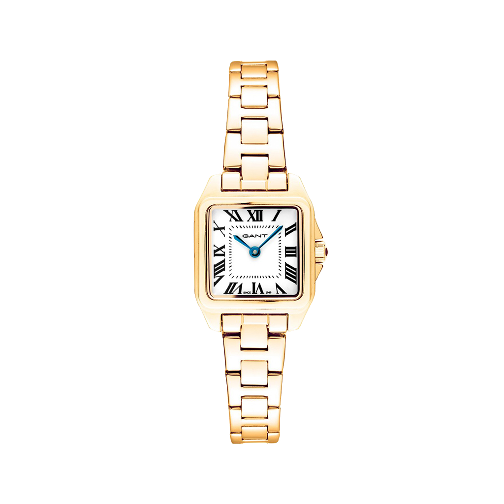 Relógio Gant Seneca 22mm dourado com mostrador branco e numeração romanada preta
