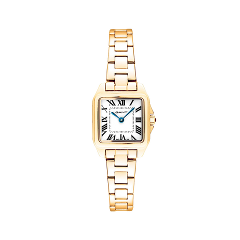 Relógio Gant Seneca 22mm dourado com mostrador branco e numeração romanada preta