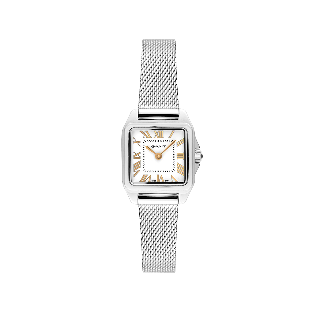 Relógio Gant Seneca 22mm prateado de pulseira malha com mostrador branco e numeração romana dourada