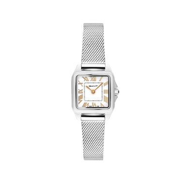 Relógio Gant Seneca 22mm prateado de pulseira malha com mostrador branco e numeração romana dourada