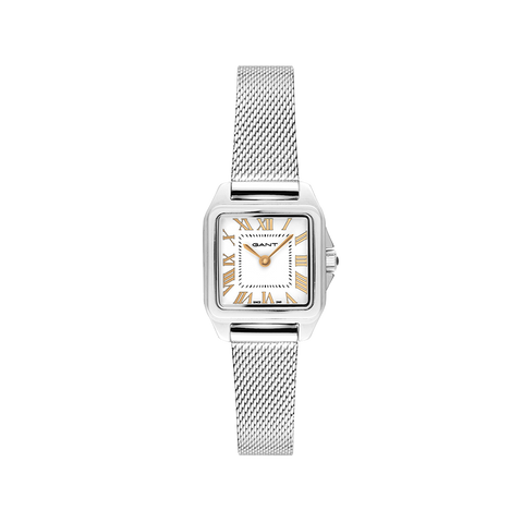 Relógio Gant Seneca 22mm prateado de pulseira malha com mostrador branco e numeração romana dourada
