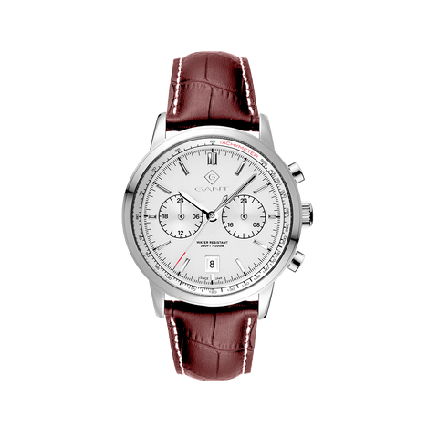 Relógio Gant Bergamo 42mm prateado e pulseira de pele em castanho com mostrador branco