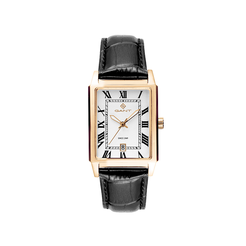 Relógio Gant Staten Island 29mm de pulseira couro preta, caixa dourada e mostrador branco