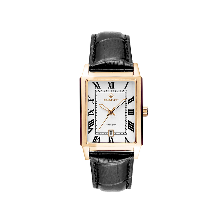Relógio Gant Staten Island 29mm de pulseira couro preta, caixa dourada e mostrador branco
