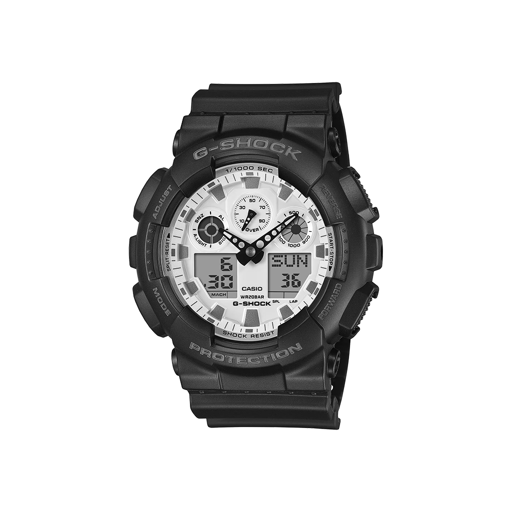 Relógio Casio G-Shock Classic com caixa e pulseira pretas dmostrador branco 