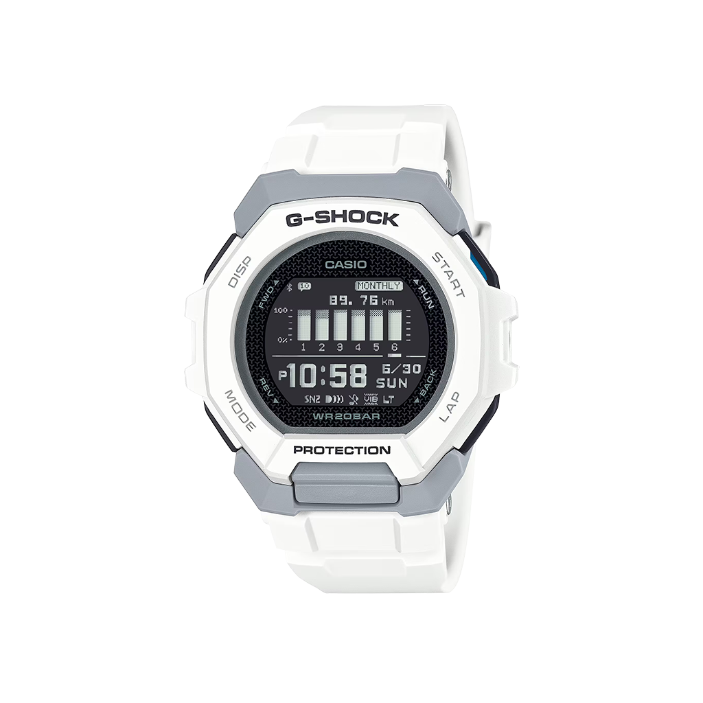 Relógio Casio G-Shock G-Squad Branco com detalhe cinza na caixa e mostrador preto