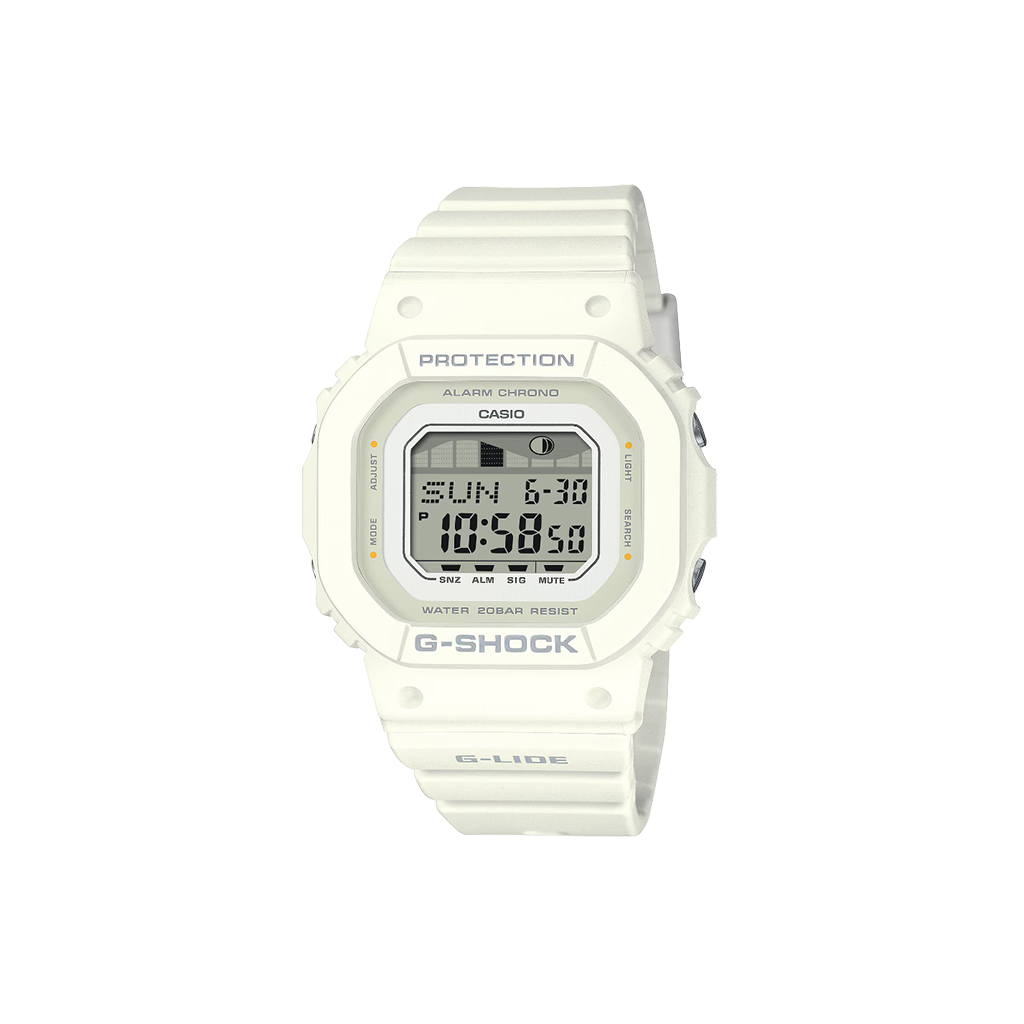 relógio casio g-shock g-lide com pulseira, caixa e mostrador branco