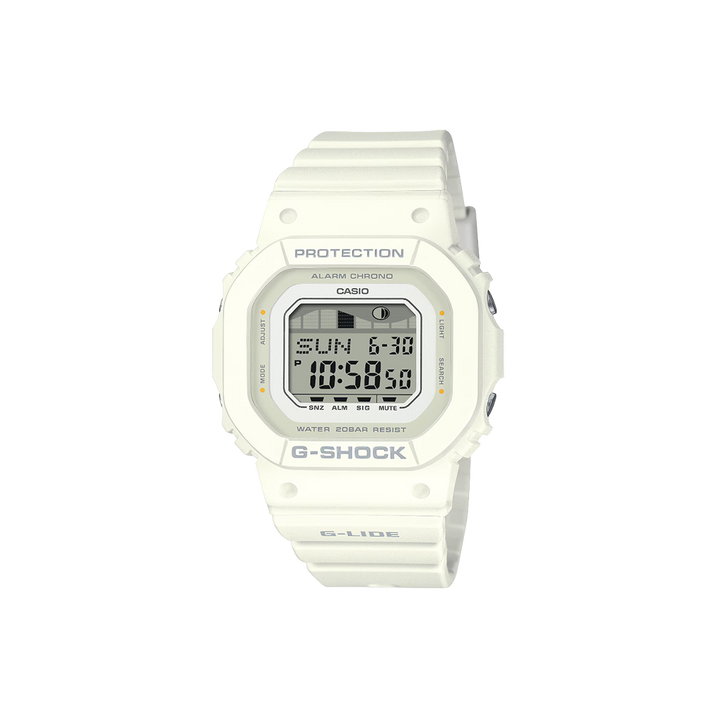 relógio casio g-shock g-lide com pulseira, caixa e mostrador branco