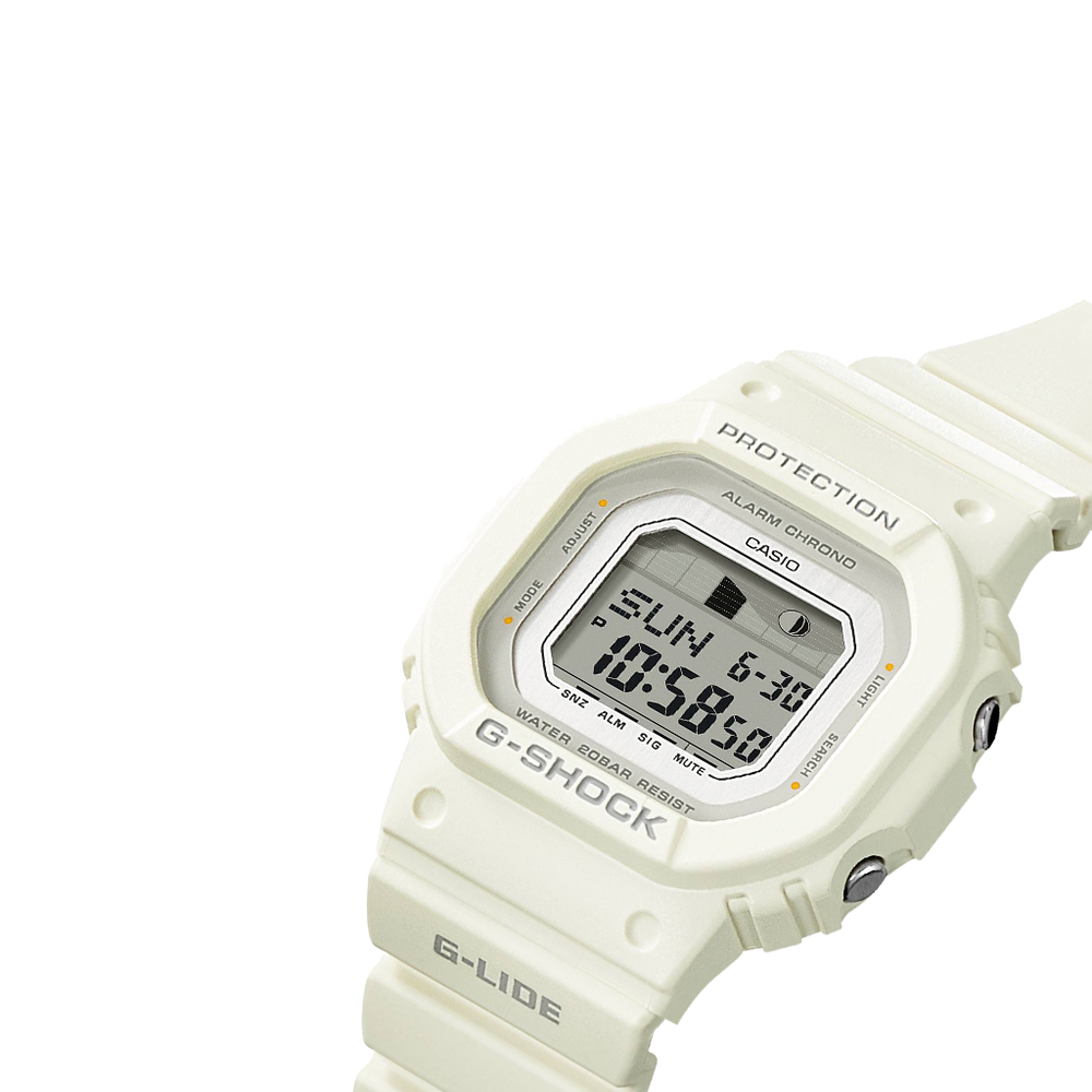 detalhe do mostrador branco do relógio casio g-shock g-lide com pulseira e caixa branca