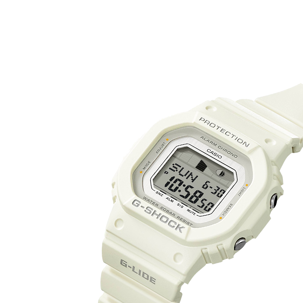detalhe do mostrador branco do relógio casio g-shock g-lide com pulseira e caixa branca